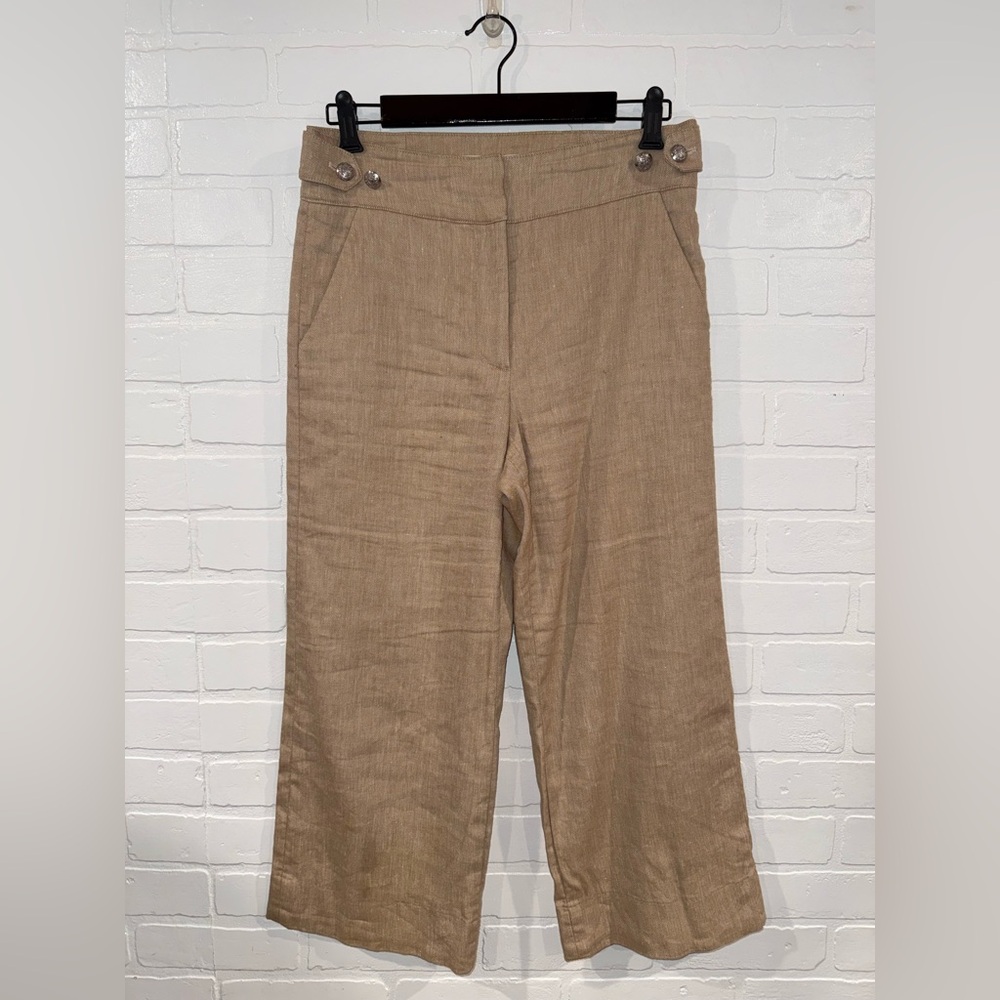 Veronica Beard Aubrie Women’s Khaki Linen-Blend Wide Leg Cropped Pants in Beige - Picture 12 of 16